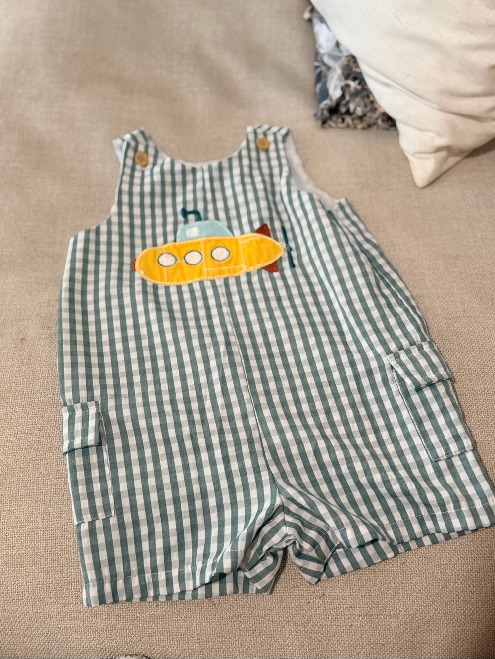 Good Lad Green Gingham Overalls with Yellow Submarine Appliqué